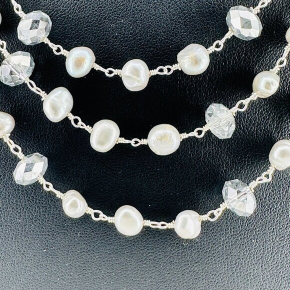 Layered Genuine Pearl & Faceted Glass Beads Link Necklace over Sterling Silver - Picture 6 of 9